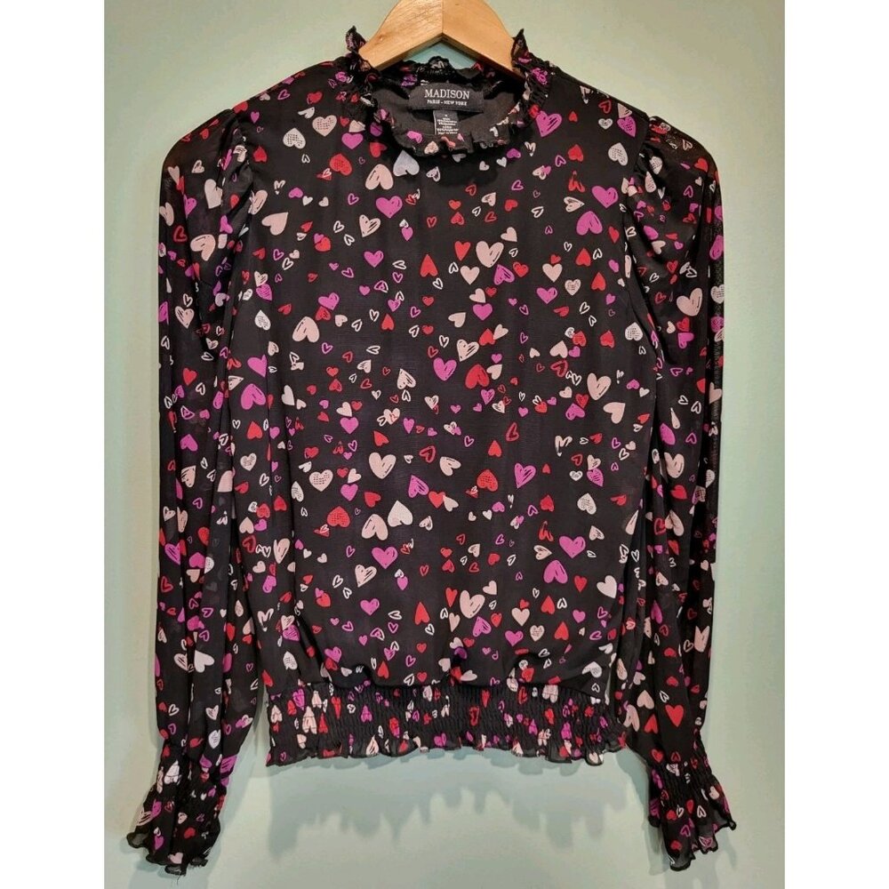 Black Pink Heart Chiffon Ruffle Trim Whimsigoth Fairygoth Top Madison Sz S